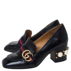 Pre Owned Gucci Black Leather Peyton GG Web Detail Pearl Studded Pumps Size 37.5