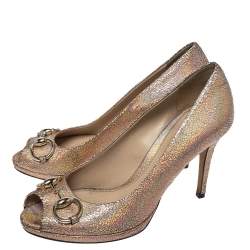 Pre Owned Gucci Metallic Textured Leather-iridescent Horsebit Peep Toe Pumps Size 37