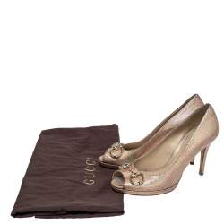 Pre Owned Gucci Metallic Textured Leather-iridescent Horsebit Peep Toe Pumps Size 37