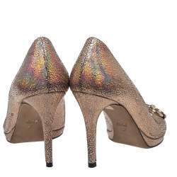 Pre Owned Gucci Metallic Textured Leather-iridescent Horsebit Peep Toe Pumps Size 37