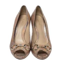 Pre Owned Gucci Metallic Textured Leather-iridescent Horsebit Peep Toe Pumps Size 37
