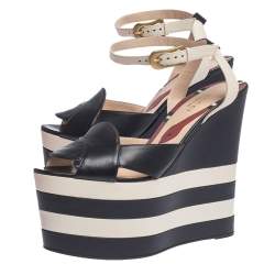 Pre Owned Gucci Blue/White Leather Striped Sally Platform Wedge Sandals Size 36.5