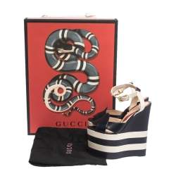 Pre Owned Gucci Blue/White Leather Striped Sally Platform Wedge Sandals Size 36.5