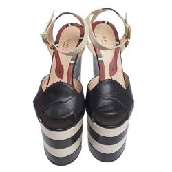 Pre Owned Gucci Blue/White Leather Striped Sally Platform Wedge Sandals Size 36.5
