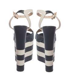 Pre Owned Gucci Blue/White Leather Striped Sally Platform Wedge Sandals Size 36.5