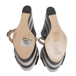 Pre Owned Gucci Blue/White Leather Striped Sally Platform Wedge Sandals Size 36.5
