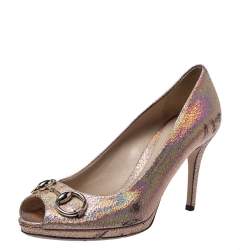 Pre Owned Gucci Metallic Holographic Crackle Leather New Hollywood Horsebit Peep Toe Pumps Size 37