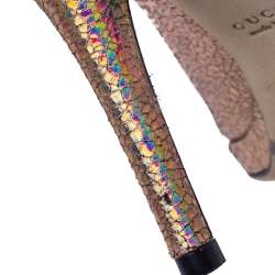 Pre Owned Gucci Metallic Holographic Crackle Leather New Hollywood Horsebit Peep Toe Pumps Size 37