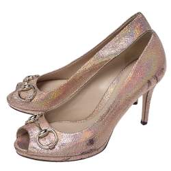 Pre Owned Gucci Metallic Holographic Crackle Leather New Hollywood Horsebit Peep Toe Pumps Size 37