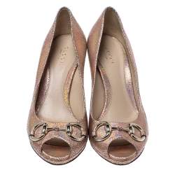 Pre Owned Gucci Metallic Holographic Crackle Leather New Hollywood Horsebit Peep Toe Pumps Size 37