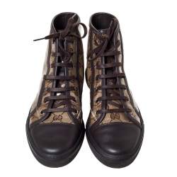 مملوكة مسبقًا حذاء رياضي غوتشي "كاليفورنيا" بطراز مرتفع من أعلى حواف جلد و كانفاس مقوى جي جي بني و بيج مقاس 36