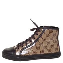 مملوكة مسبقًا حذاء رياضي غوتشي "كاليفورنيا" بطراز مرتفع من أعلى حواف جلد و كانفاس مقوى جي جي بني و بيج مقاس 36