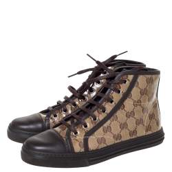 مملوكة مسبقًا حذاء رياضي غوتشي "كاليفورنيا" بطراز مرتفع من أعلى حواف جلد و كانفاس مقوى جي جي بني و بيج مقاس 36