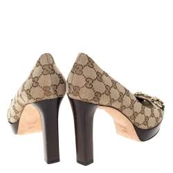Pre Owned Gucci Beige GG Canvas Horsebit Peep Toe Wooden Platform Pumps Size 39.5