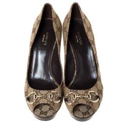 Pre Owned Gucci Beige GG Canvas Horsebit Peep Toe Wooden Platform Pumps Size 39.5