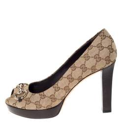 Pre Owned Gucci Beige GG Canvas Horsebit Peep Toe Wooden Platform Pumps Size 39.5