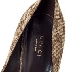 Pre Owned Gucci Beige GG Canvas Horsebit Peep Toe Wooden Platform Pumps Size 39.5