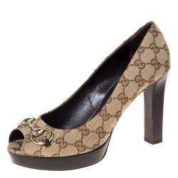 Pre Owned Gucci Beige GG Canvas Horsebit Peep Toe Wooden Platform Pumps Size 39.5