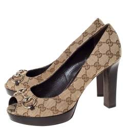 Pre Owned Gucci Beige GG Canvas Horsebit Peep Toe Wooden Platform Pumps Size 39.5