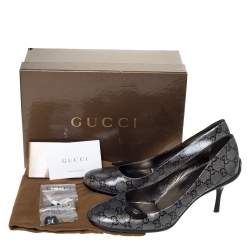 Pre Owned Gucci Metallic GG Crystal Canvas Bow Pumps Size 40