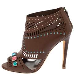 Pre Owned Gucci Brown Leather Lika Stone Embellished Ankle Booties Size 39