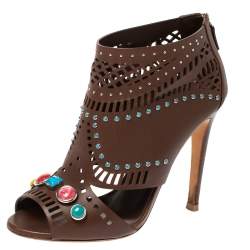 Pre Owned Gucci Brown Leather Lika Stone Embellished Ankle Booties Size 39