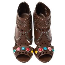 Pre Owned Gucci Brown Leather Lika Stone Embellished Ankle Booties Size 39