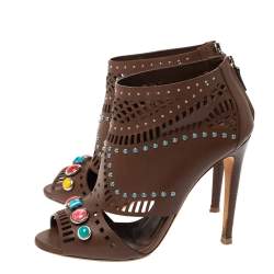 Pre Owned Gucci Brown Leather Lika Stone Embellished Ankle Booties Size 39