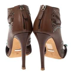 Pre Owned Gucci Brown Leather Lika Stone Embellished Ankle Booties Size 39