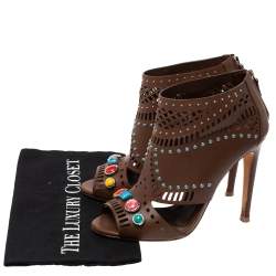 Pre Owned Gucci Brown Leather Lika Stone Embellished Ankle Booties Size 39