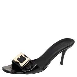 Pre Owned Gucci Black Patent Double Buckle Detail Slides Size 38