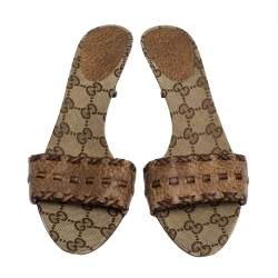 Pre Owned Gucci Brown Leather GG Open Toe Slide Sandals Size 37.5