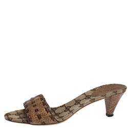 Pre Owned Gucci Brown Leather GG Open Toe Slide Sandals Size 37.5