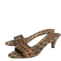 Pre Owned Gucci Brown Leather GG Open Toe Slide Sandals Size 37.5