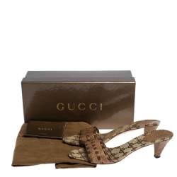 Pre Owned Gucci Brown Leather GG Open Toe Slide Sandals Size 37.5
