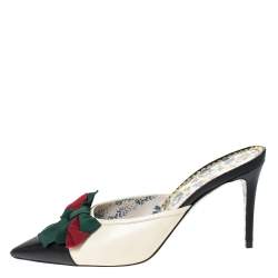 مملوكة مسبقًا حذاء سلايد مولز غوتشى جين زخرفة فيونكة ويب لونين مقاس 40