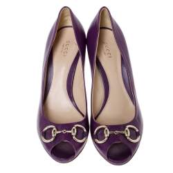 Pre Owned Gucci Purple Leather Horsebit Peep Toe Pumps Size 39.5