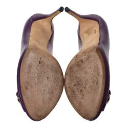 Pre Owned Gucci Purple Leather Horsebit Peep Toe Pumps Size 39.5