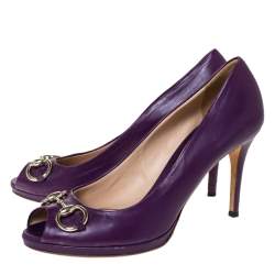 Pre Owned Gucci Purple Leather Horsebit Peep Toe Pumps Size 39.5