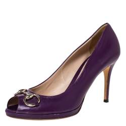 Pre Owned Gucci Purple Leather Horsebit Peep Toe Pumps Size 39.5