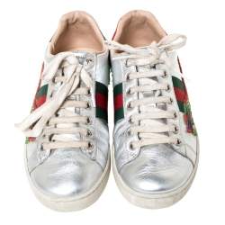 Gucci Metallic Silver Leather Web Ace Dragon Lace Up Sneakers Size 36