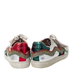 Gucci Metallic Silver Leather Web Ace Dragon Lace Up Sneakers Size 36