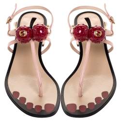 Pre Owned Gucci Pink Leather Hatsumomo Cherry Thong Sandals Size 38