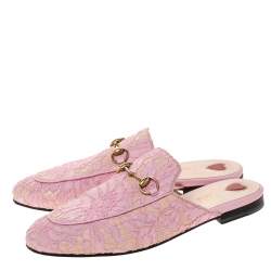 Pre Owned صندل فلات مول غوتشى برنستاون جلد ودانتيل زهور وردى /بيج مقاس 38