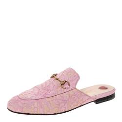 Pre Owned صندل فلات مول غوتشى برنستاون جلد ودانتيل زهور وردى /بيج مقاس 38