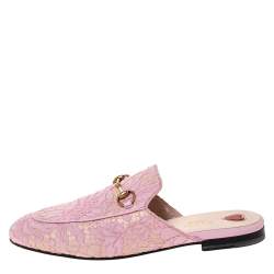 Pre Owned صندل فلات مول غوتشى برنستاون جلد ودانتيل زهور وردى /بيج مقاس 38