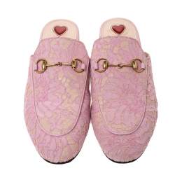 Pre Owned صندل فلات مول غوتشى برنستاون جلد ودانتيل زهور وردى /بيج مقاس 38