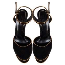 Pre Owned صندل غوتشي نعل سميك سير كاحل هوستون حافة جلد ذهبي وسويدي أسود مقاس 39