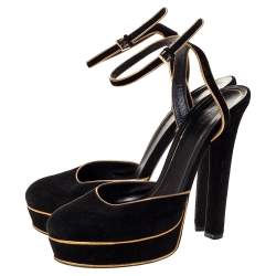 Pre Owned صندل غوتشي نعل سميك سي ر كاحل هوستون حافة جلد ذهبي وسويدي أسود مقاس 39