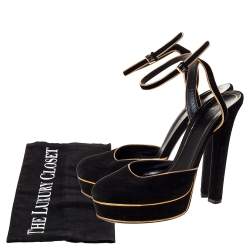 Pre Owned صندل غوتشي نعل سميك سير كاحل هوستون حافة جلد ذهبي وسويدي أسود مقاس 39